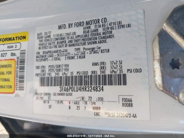 3FA6P0LU4HR324834 Ford Fusion Hybrid Se
