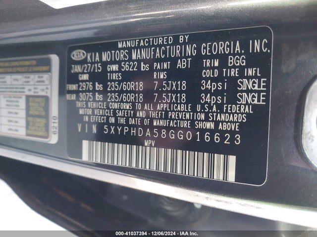 5XYPHDA58GG016623 KIA Sorento 3.3l Ex