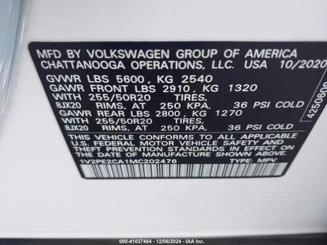 1V2PE2CA1MC202476 Volkswagen Atlas Cross Sport 3.6l V6 Se W/technology R-line