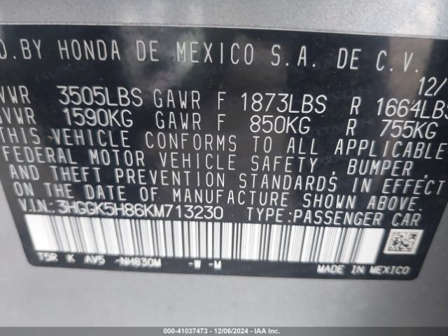 3HGGK5H86KM713230 Honda FIT EX