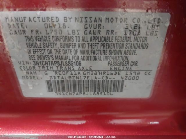 3N1CN7AP8JL885106 Nissan Versa 1.6 Sv