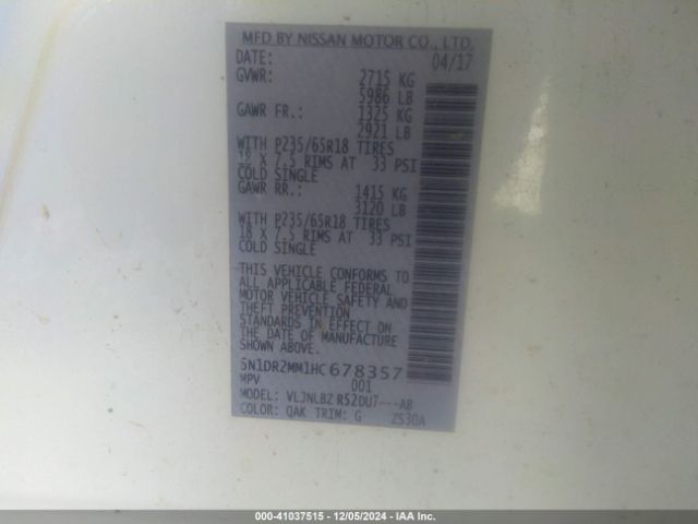 5N1DR2MM1HC678357 Nissan Pathfinder S