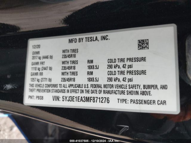 5YJ3E1EA3MF871276 Tesla Model 3 Standard Range Plus Rear-wheel Drive