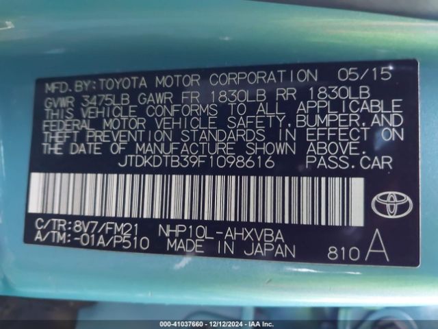 JTDKDTB39F1098616 Toyota Prius C Two