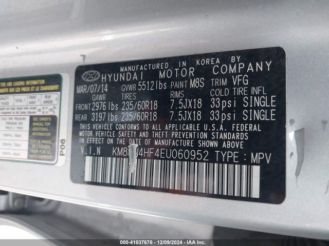 Hyundai Santa Fe Gls 2014 KM8SN4HF4EU060952 Image 9