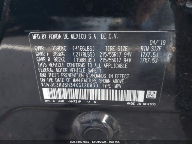 3CZRU6H34KG720830 Honda HR-V LX