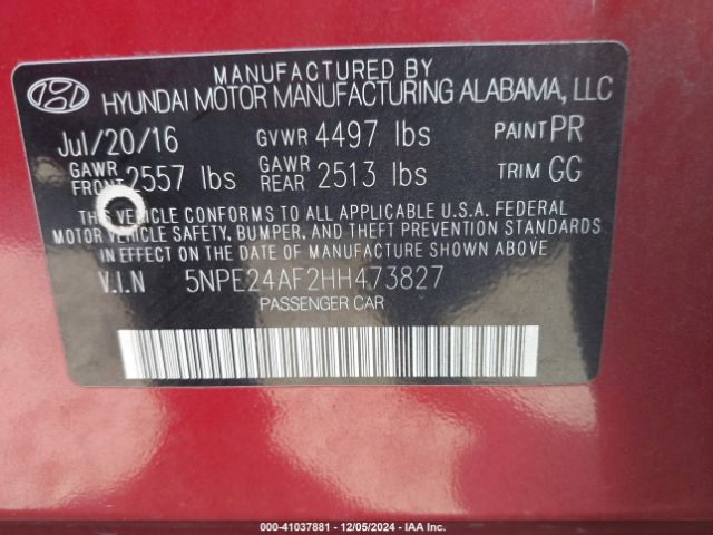 5NPE24AF2HH473827 Hyundai SONATA SE