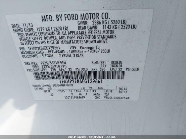 Ford TAURUS SEL 2014 1FAHP2E86EG139661 Image 9