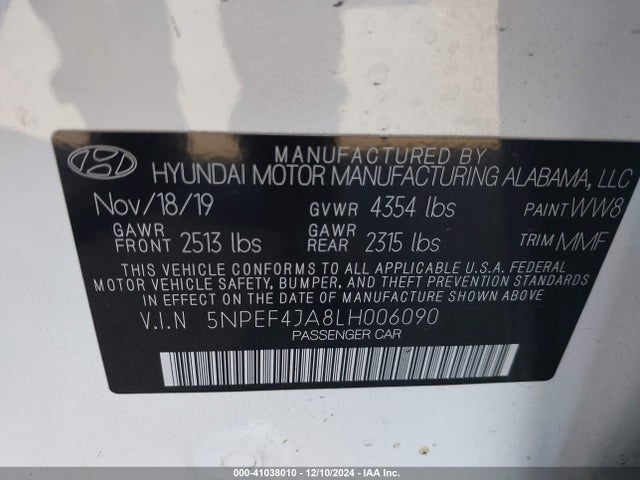 5NPEF4JA8LH006090 Hyundai SONATA SEL