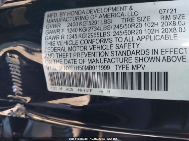 5FNYF7H50MB011999 Honda Passport 2wd Ex-l