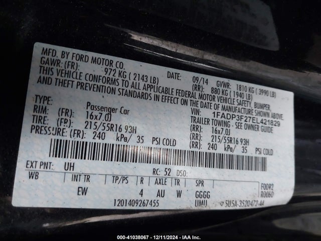 Ford FOCUS SE 2014 1FADP3F27EL421829 Image 9