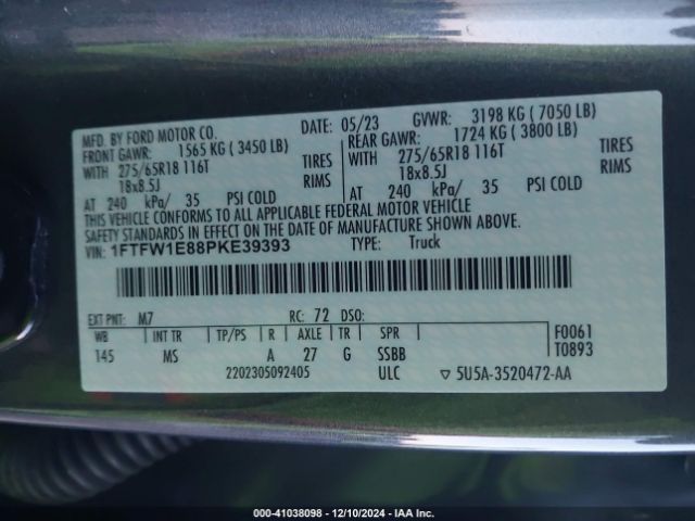 1FTFW1E88PKE39393 Ford F-150 Xlt