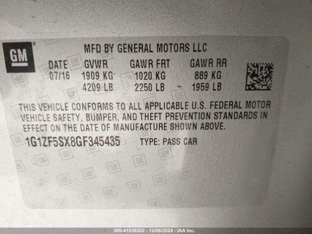 1G1ZF5SX8GF345435 Chevrolet MALIBU 2LT
