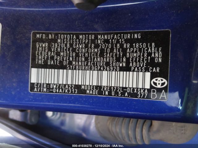 5YFBURHE9GP426920 Toyota Corolla S Premium