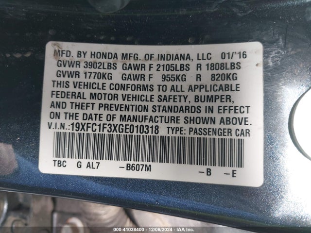 19XFC1F3XGE010318 Honda Civic Ex-t