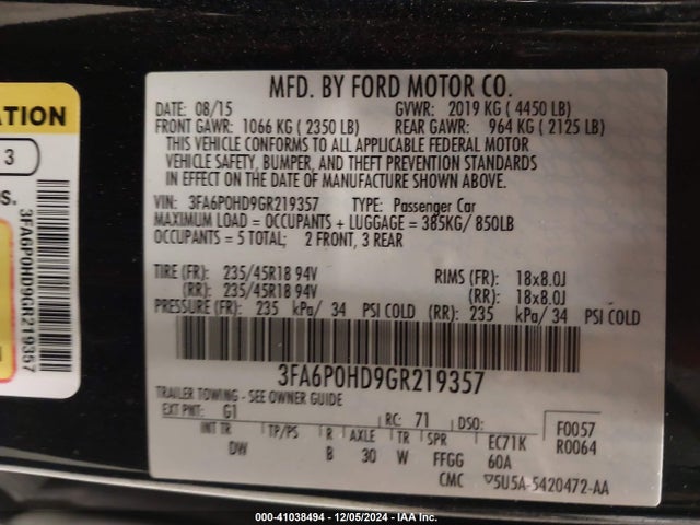 Ford FUSION SE 2016 3FA6P0HD9GR219357 Image 9