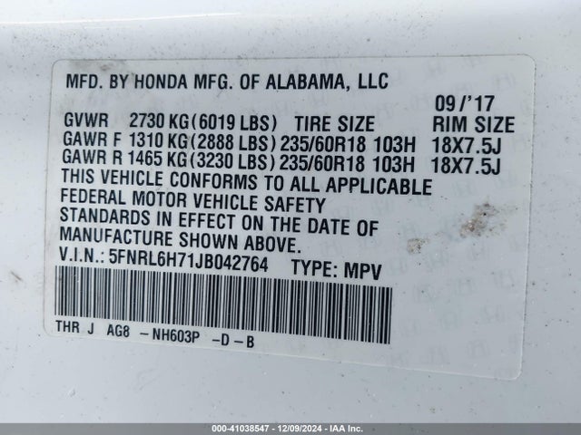 Honda Odyssey Ex-l 2018 5FNRL6H71JB042764 Image 9