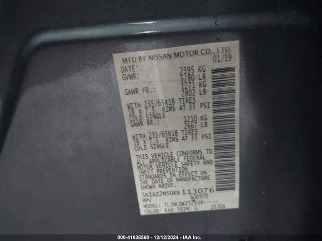Nissan MURANO SV 2019 5N1AZ2MS0KN113076 Image 9