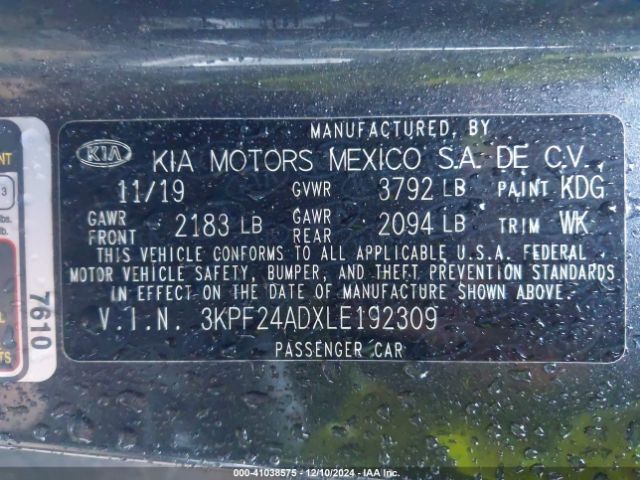 3KPF24ADXLE192309 KIA Forte Lxs