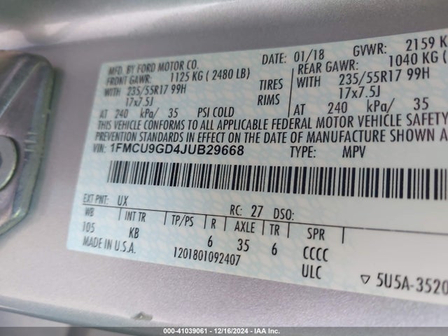 Ford ESCAPE SE 2018 1FMCU9GD4JUB29668 Image 9
