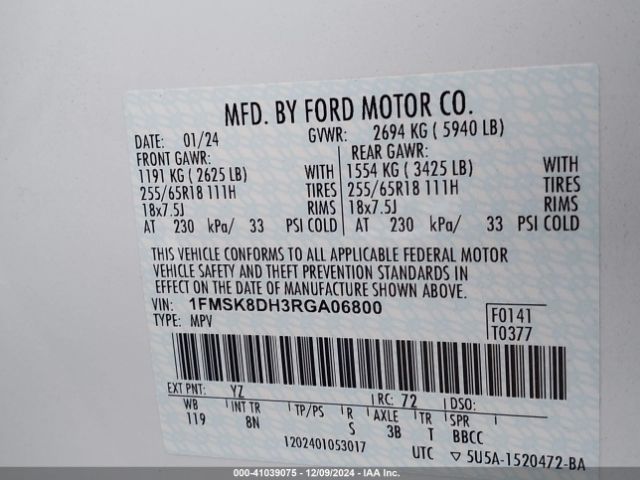 1FMSK8DH3RGA06800 Ford EXPLORER XLT