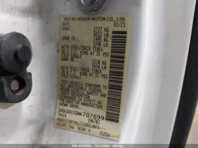 1N6ED0CF8MN707699 Nissan Frontier Sv 4x4