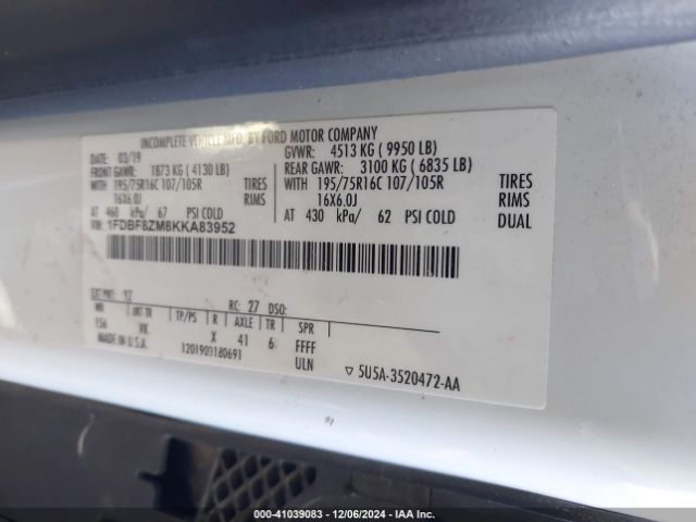 1FDBF8ZM8KKA83952 Ford Transit-350 Cab