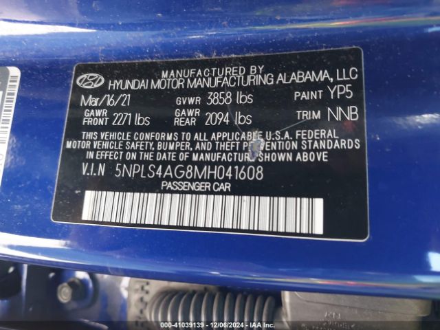 5NPLS4AG8MH041608 Hyundai ELANTRA SEL