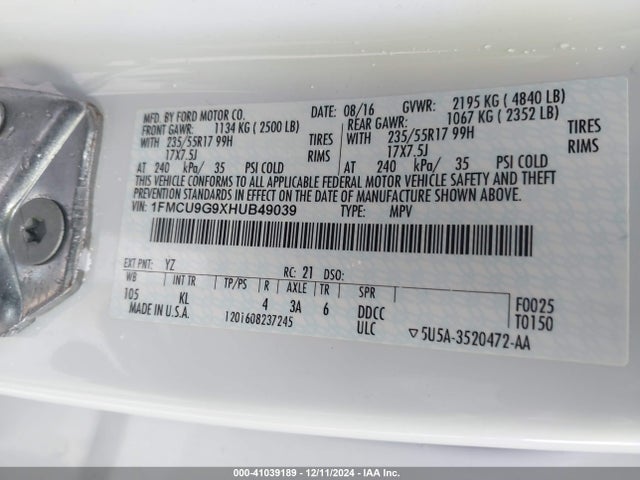 Ford ESCAPE SE 2017 1FMCU9G9XHUB49039 Image 9
