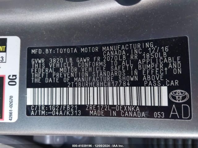 2T1BURHE8HC817784 Toyota COROLLA LE