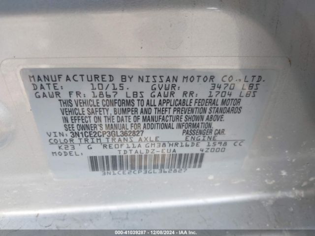 3N1CE2CP3GL362827 Nissan Versa Note S (sr)/s Plus/sl/sr/sv