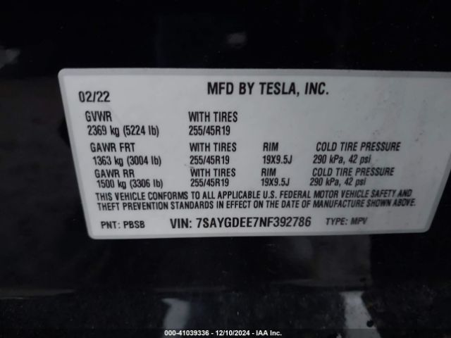 7SAYGDEE7NF392786 Tesla Model Y Long Range Dual Motor All-wheel Drive