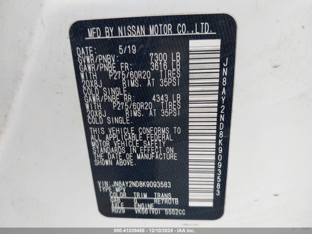 JN8AY2ND8K9093583 Nissan Armada Sl