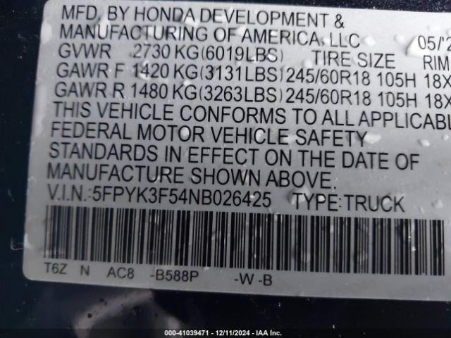 5FPYK3F54NB026425 Honda Ridgeline Rtl