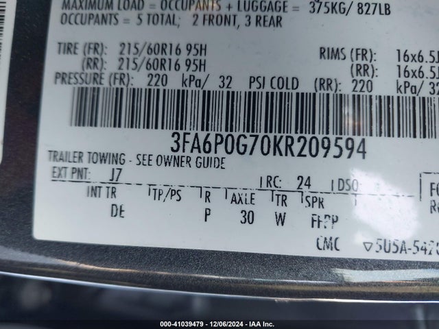 3FA6P0G70KR209594 Ford FUSION S