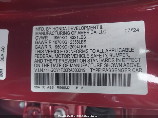 1HGCY1F38RA083019 Honda ACCORD EX
