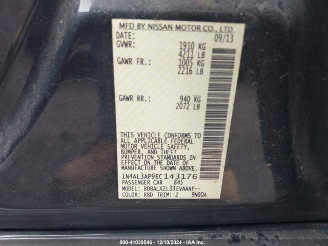 Nissan Altima 2.5 Sl 2014 1N4AL3AP9EC143176 Image 9