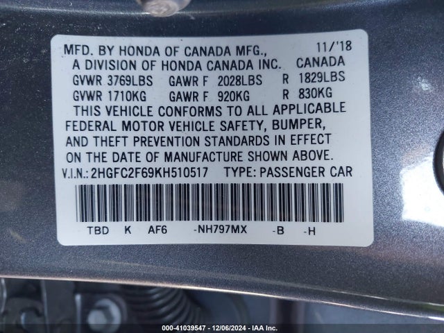Honda Civic Lx 2019 2HGFC2F69KH510517 Image 9