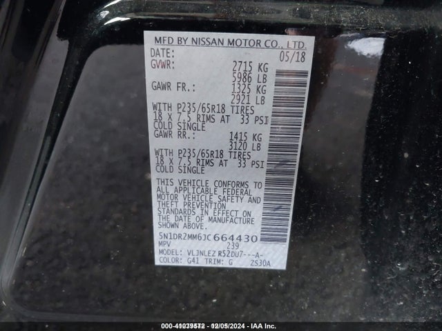 5N1DR2MM6JC664430 Nissan Pathfinder Sv