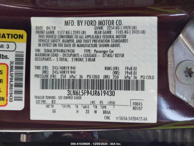 3LN6L5F94JR619430 Lincoln Mkz Reserve