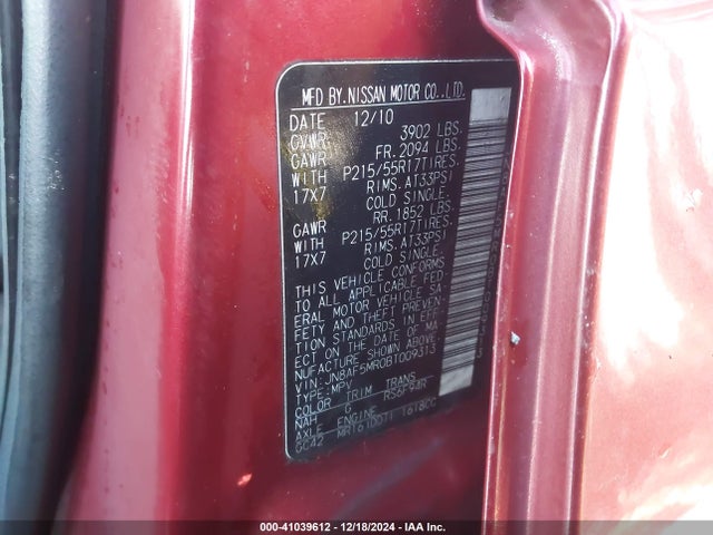 41039612 :رقم المزاد ، JN8AF5MR0BT009313 vin ، 2011 Nissan Juke Sv مزاد بيع