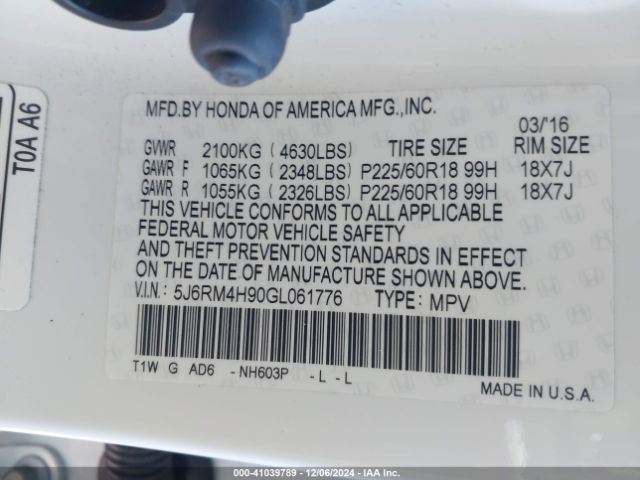 5J6RM4H90GL061776 Honda Cr-v Touring
