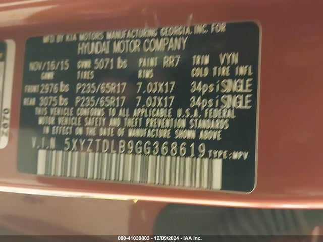 5XYZTDLB9GG368619 Hyundai Santa Fe Sport 2.4l