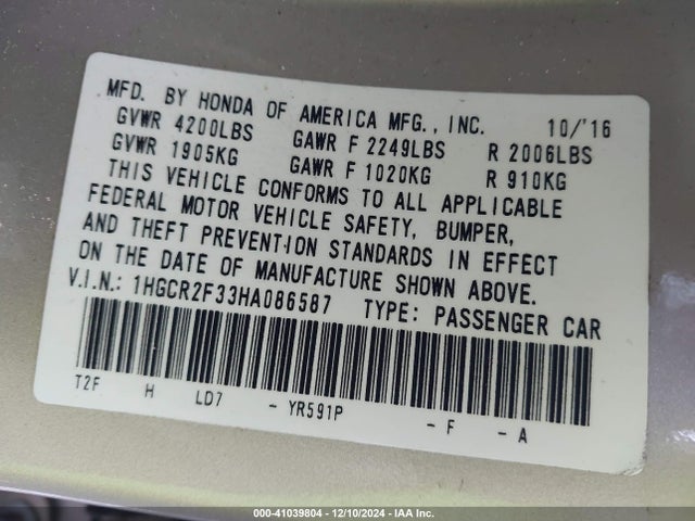 Honda ACCORD LX 2017 1HGCR2F33HA086587 Image 9