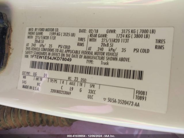 1FTEW1E54JKD78049 Ford F-150 Lariat