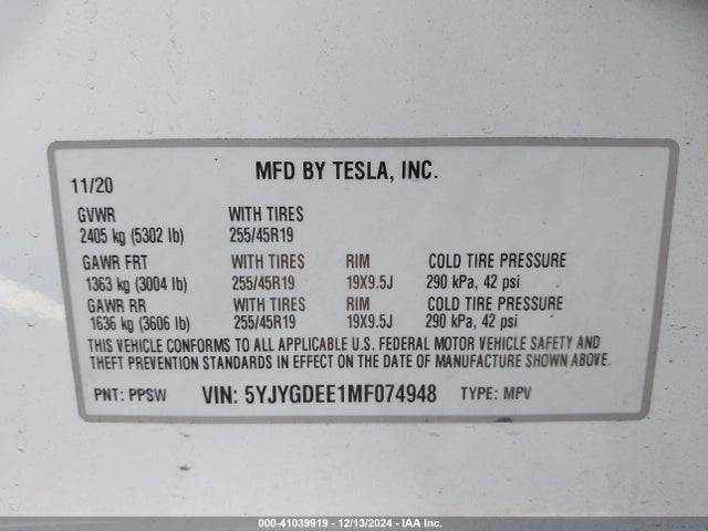2021 TESLA MODEL Y 5YJYGDEE1MF074948 Photo 8