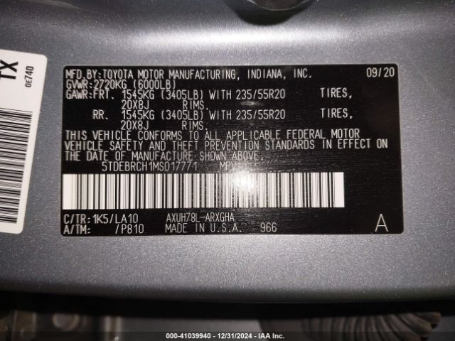 5TDEBRCH1MS017771 Toyota Highlander Hybrid Platinum