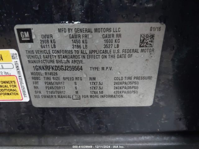 1GNKRFKD5GJ259564 Chevrolet Traverse Ls