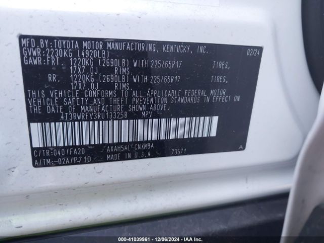 4T3RWRFV3RU133258 Toyota Rav4 Hybrid Xle