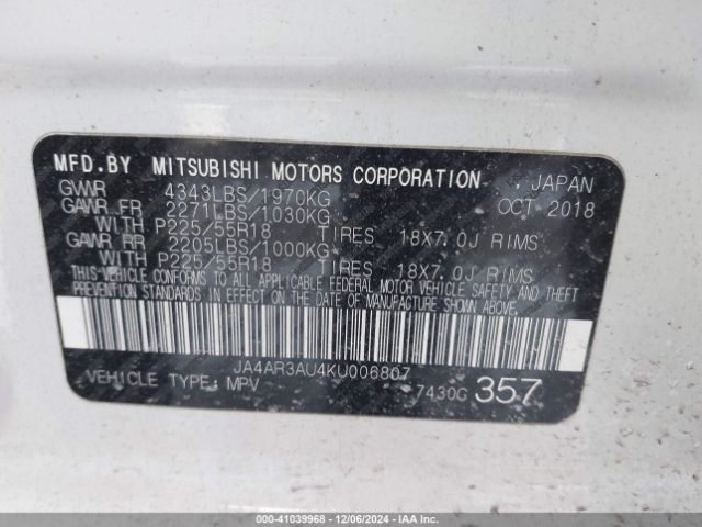 JA4AR3AU4KU006807 Mitsubishi Outlander Sport 2.0 Se